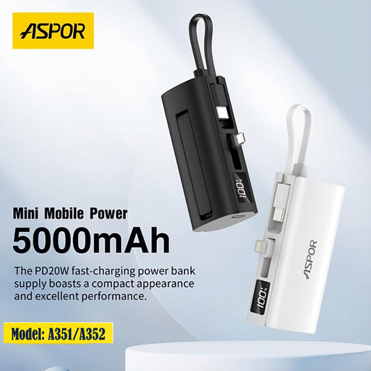 Aspor A351 5000mAh Smart mini Power Bank FOR Emergency using Lightning